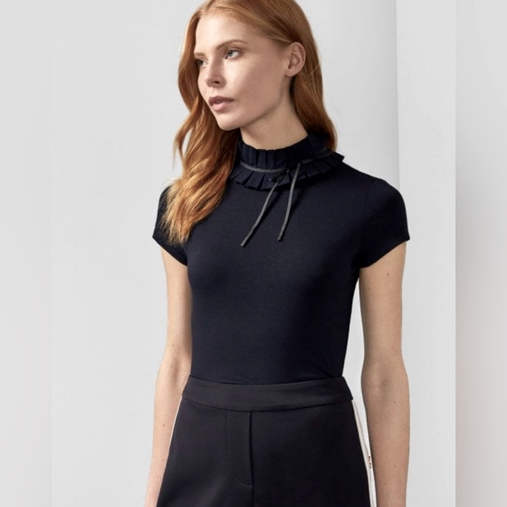 Ted Baker ruffle neck ribbon tie tee-shirt black size 0 - SOLD